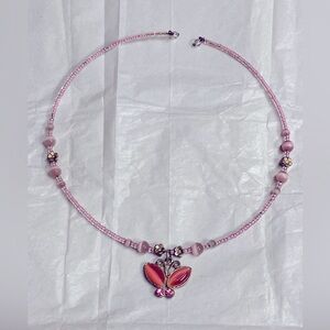 Pink Beaded Butterfly Choker Necklace